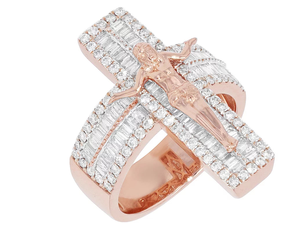 'Jesus on Cross' Baguette 1.86 CT Diamond Pinky Ring Gold S10