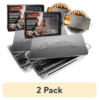 (2 pack) Camerons Indoor Outdoor Stovetop Smoker - Stainless Steel Barbecue Smoker Box w/ Oak Wood Chips & Recipes - Works On Any Heat Source, Stovetop or BBQ Grill for Smoking Meats - Grilling Gift for Men