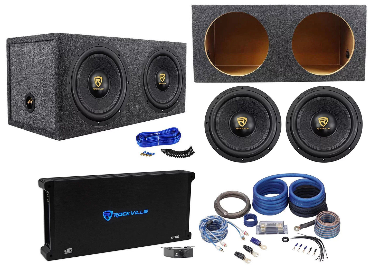 (2) Rockville W12K9D2 V3 12" 8000 Watt Subwoofers+Sealed Sub Box+Mono Amplifier+Amp Kit